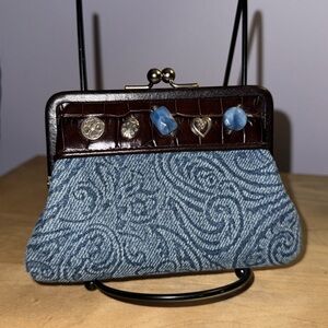 Brighton Blue Jean and Leather Clutch with Decorative Metal Frame vintage